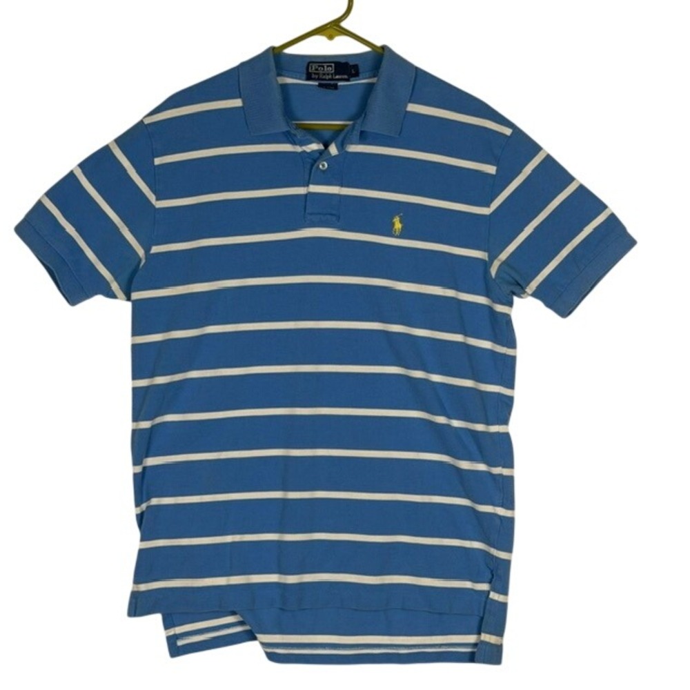 Polo Ralph Lauren Mens Blue White Striped Short Sleeve Polo Shirt Size L  *NOTE